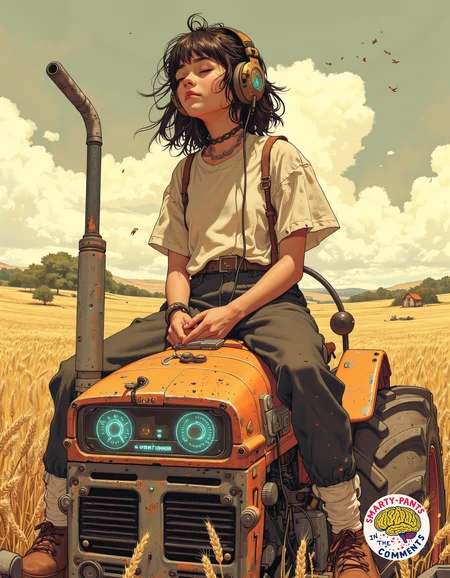 Anime style - A young girl sits on the bonnet of a retro-futuristic tractor, its design a mix of old-world sturdiness and sleek, neon-accented panels that hum faintly in the afternoon heat. The machine’s thick, dust-coated tires rest deep in the golden wheat fields, the scent of sun-warmed grain heavy in the air. She leans back, eyes closed, letting the warm breeze play through her hair as she listens to music on a chunky, cassette-style player with glowing magnetic reels that spin behind a transparent panel. Thick, braided cables snake from the device to her oversized headphones, the metallic casing scuffed from years of use. The distant hum of cicadas and the occasional creak of the tractor’s cooling vents blend into the lo-fi synth beats spilling from her player, creating a slow, dreamy afternoon where past and future blur together in the endless stretch of golden fields.