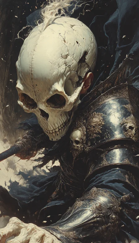 masterpiece, absurdres, narrative-rich composition, A dark detailed digital painting of a knight with a skull head in ornate armor. soft focus, dynamic pose, middle of an epic battle,