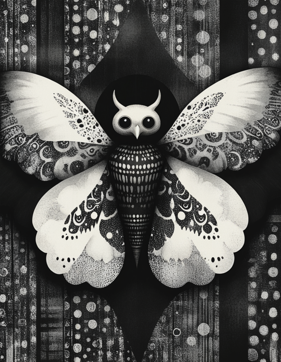novuschroma style mothman illustration with patterns <lora:108_novuschroma_1:1>