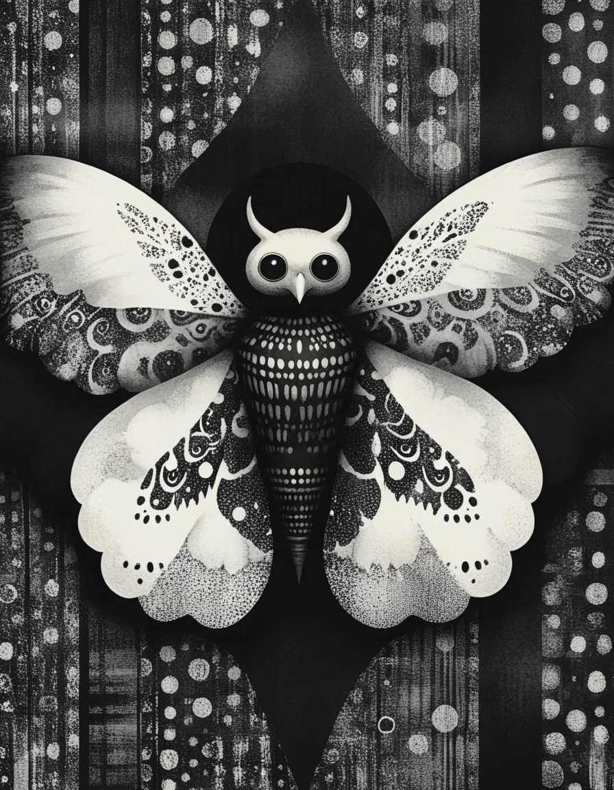 novuschroma style mothman illustration with patterns <lora:108_novuschroma_1:1>