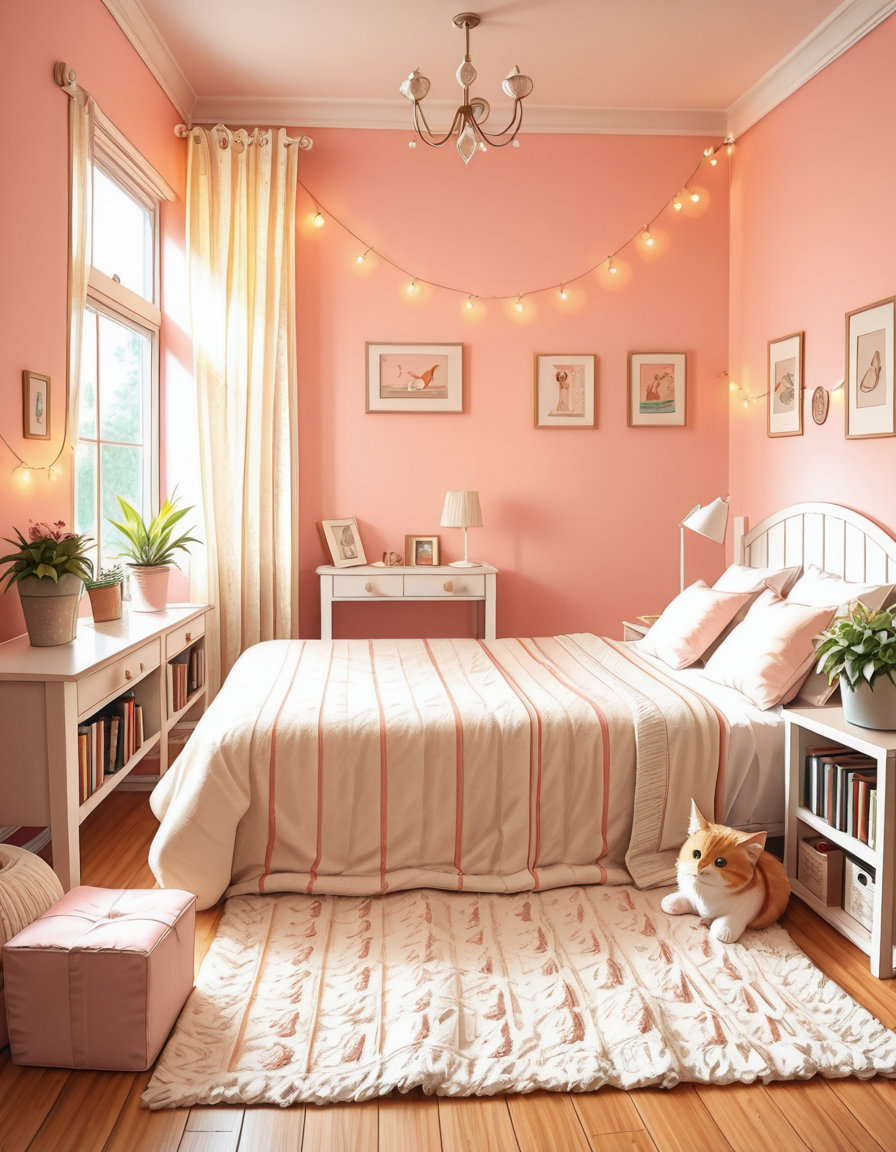 A beautifully designed modern bedroom with a warm and inviting atmosphere. The room features a large bed with soft, neatly arranged pillows and a cozy knitted blanket draped over the edge. Warm fairy lights are strung along the headboard, casting a soft golden glow. A large window with sheer curtains allows natural sunlight to filter in, illuminating the room with a gentle ambiance. The walls are painted in soft pastel tones, complementing the wooden furniture and minimalist decor. A small wooden nightstand holds a cup of coffee, an open book, and a small potted plant. A fluffy cat is curled up on the bed, adding a sense of warmth and tranquility. The background features elegant framed artwork and a tall bookshelf filled with neatly arranged books and decorative items. The atmosphere is serene and cozy, with a photorealistic style capturing the intricate details of textures, fabrics, and lighting.
<lora:SDXLFaeTastic2400:0.4> <lora:extremely_detailed:0.4> extremely detailed, 
<lora:Girl_b3dr00m-i:1>,Girl b3dr00m, Masterpiece,best quality,hi res,8k,hi res,8k,award winning,(sharp focus, intricate, highly detailed),