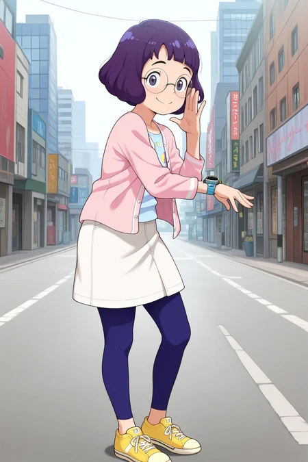 masterpiece, best quality, amazing quality, absurdres, misorainaho, violet hair, glasses, round eyewear, solo, smile, looking at viewer, pose, light blue shirt, pink cardigan, wristwatch, white skirt, blue leggings, yellow sneakers, outdoors, city, modern, street