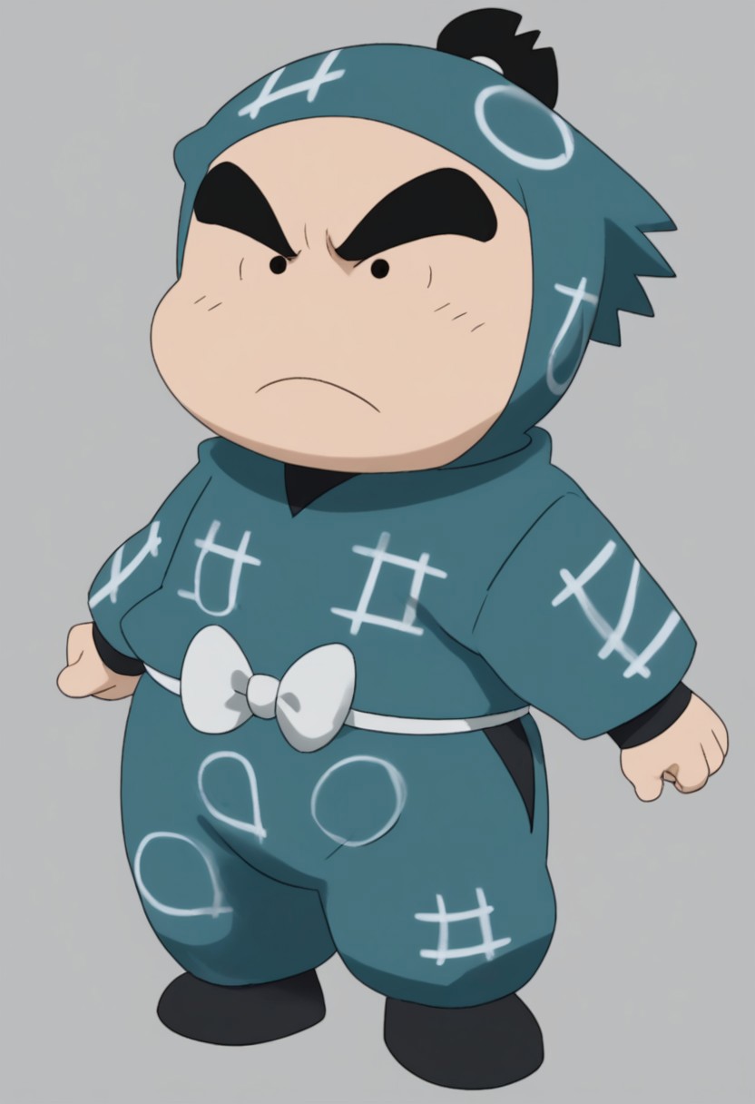 male focus, 1boy, solo, black eyes, japanese clothes, parody, topknot, thick eyebrows, ninja, black hair, long sleeves, chibi, black footwear, hood, full body, closed mouth, frown, simple background, high quality
