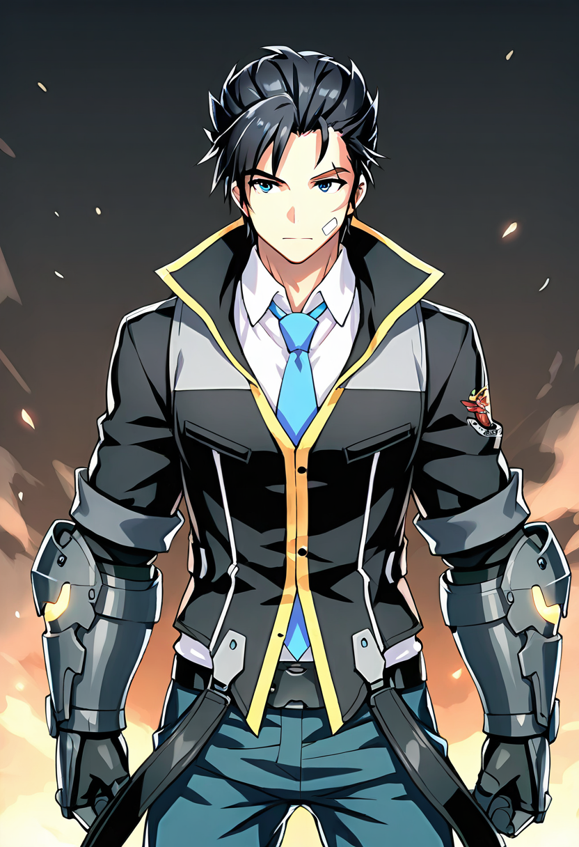 <lora:jinsepatus_IXL:0.7> 1boy,jinsepatsu,black hair,scar,bandaid on face, front view,white shirt,blue necktie, jinclassicoutfit,black jacket,blue pants,belt,
,gauntlets,
,best quality,masterpiece