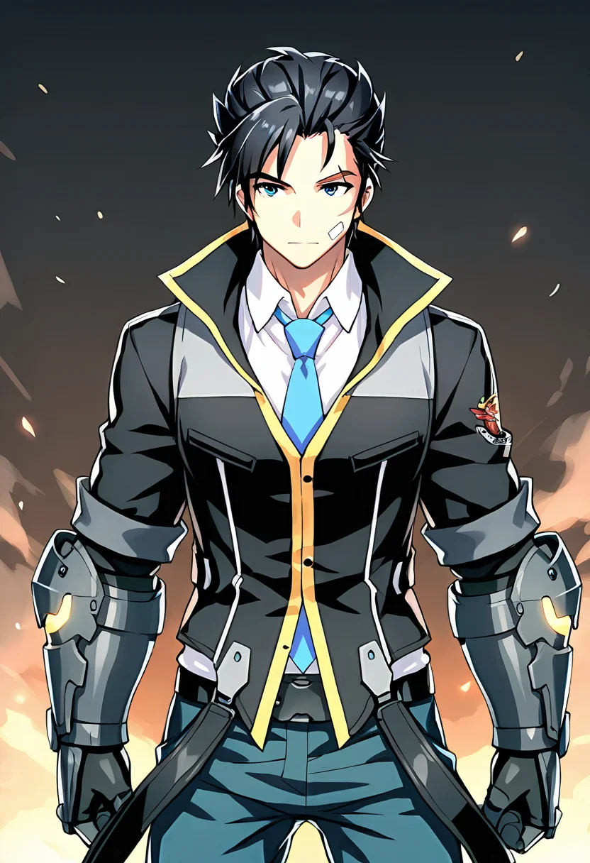 <lora:jinsepatus_IXL:0.7> 1boy,jinsepatsu,black hair,scar,bandaid on face, front view,white shirt,blue necktie, jinclassicoutfit,black jacket,blue pants,belt,
,gauntlets,
,best quality,masterpiece