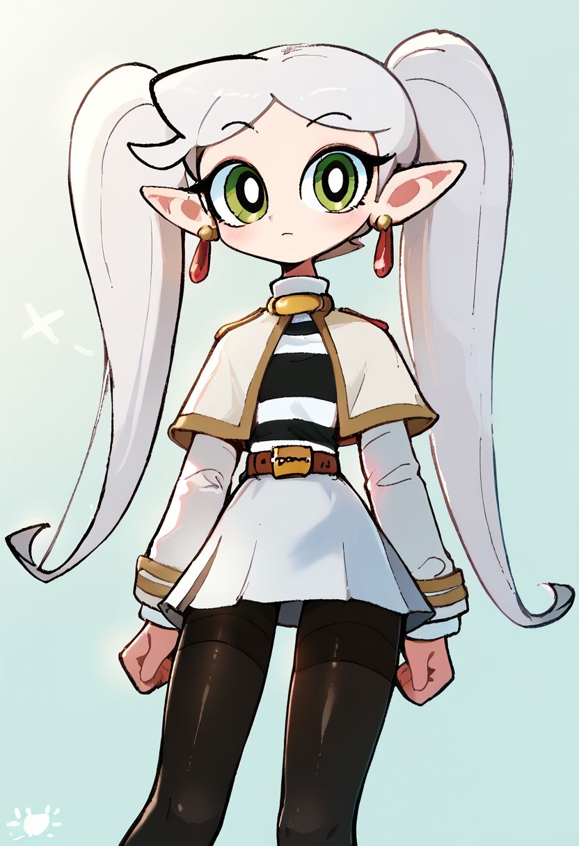 <lora:powerpuff_girls_Kim_Crab_style:1>powerpuff <lora:ChamFrierenPonyXL:1> Frieren,green eyes,white hair, long twintails, earrings,small chest, flat, white capelet, striped shirt, long sleeves, belt, white skirt, black pantyhose, Score_9, Score_8_up, Score_7_up, Score_6_up, Score_5_up, Score_4_up, BREAK,1girl in full growth, best quality, masterpiece, ultra-detailed, high quality,good quality,1 girl,(master piece,high resolution, ultra detailed,8K,16K),look at viewer, parted bangs, thin long twintails down passed butt, stringy hair,