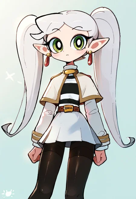 <lora:powerpuff_girls_Kim_Crab_style:1>powerpuff <lora:ChamFrierenPonyXL:1> Frieren,green eyes,white hair, long twintails, earrings,small chest, flat, white capelet, striped shirt, long sleeves, belt, white skirt, black pantyhose, Score_9, Score_8_up, Score_7_up, Score_6_up, Score_5_up, Score_4_up, BREAK,1girl in full growth, best quality, masterpiece, ultra-detailed, high quality,good quality,1 girl,(master piece,high resolution, ultra detailed,8K,16K),look at viewer, parted bangs, thin long twintails down passed butt, stringy hair,