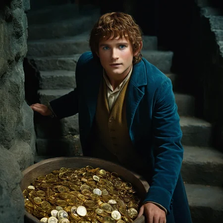 cinematic film still of <lora:The Lord of the Rings style:1>
In a Fantasy Middle-earth world in the dark ages Hobbit a man in a blue coat standing in a pile of gold,Hobbits,solo,looking at viewer,short hair,brown hair,long sleeves,1boy,holding,jewelry,standing,male focus,shorts,indoors,sash,stairs,coin,gold , dramatic light, dramatic shadow light, film contrast, cinematic film color, cinematic film look, filmic, realistic, realism, perfection, perfect, movie still, fantasy drama, epic drama, fictional, Age of Wonders, Age of Empires, warriors, Medieval style, middle ages, dungeons and dragons style, different people, different, unique, kingdoms and castles, violent, aggressive, detailed, perfection, detailed face, detailed body, detailed hands, detailed eyes, sharp, horror themed, dark themed, epic fantasy adventure film style, Legendary, mythical, The Lord of the Rings style, shallow depth of field, vignette, highly detailed, high budget, bokeh, cinemascope, moody, epic, gorgeous, film grain, grainy
