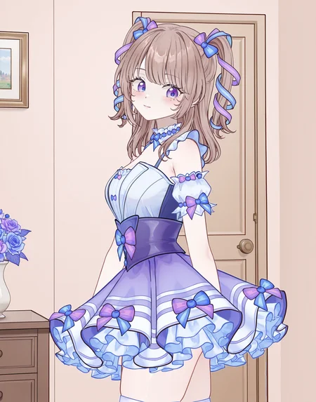 masterpiece, perfect quality, best quality, absolutely eye-catching, absurdres, highres, newest, 1girl, <lora:amiaryllisblooIllustriousXL:0.7>, amiaryllisbloo, cowboy shot, indoors, from side,