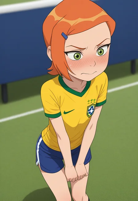 masterpiece,best quality,amazing quality,very aesthetic,high resolution,ultra-detailed,absurdres,newest, Gwendolyn_Tennyson, Green eyes, Orange hair, blush, embarrassed,BrazilFootballShirt, soccer uniform, soccer, yellow shirt, shirt, short sleeves, blue shorts, shorts