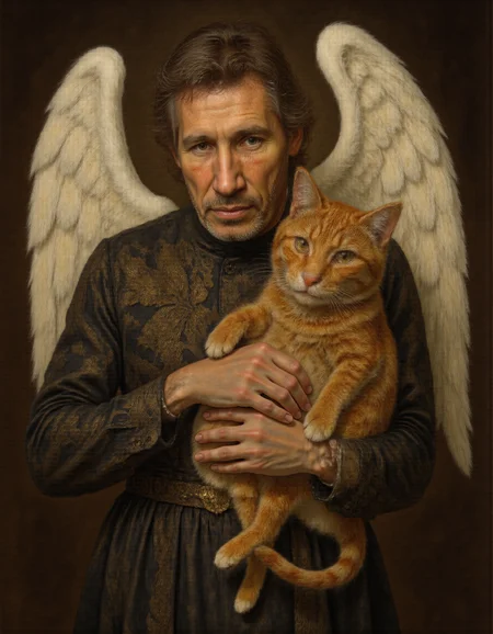 <lora:Dark_Ghibli:0.6>, masterpiece portrait of brutal man dressed angel dress with bigh white wings, <lora:4oCaricature_early:0.6>, mid body, portrait, holding big fat red cat, <lora:ROGER_WATERS:1>