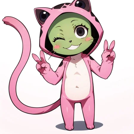 score_9, score_8_up, score_8, score_7, source_anime, Frosch(FT), solo, cat, semi-anthro, furry, green fur, black eyes, black nose, white belly, long tail, pink costume, black spots, looking at viewer, head tilt, one eye closed, double v, standing, wide smile, :3, white background,