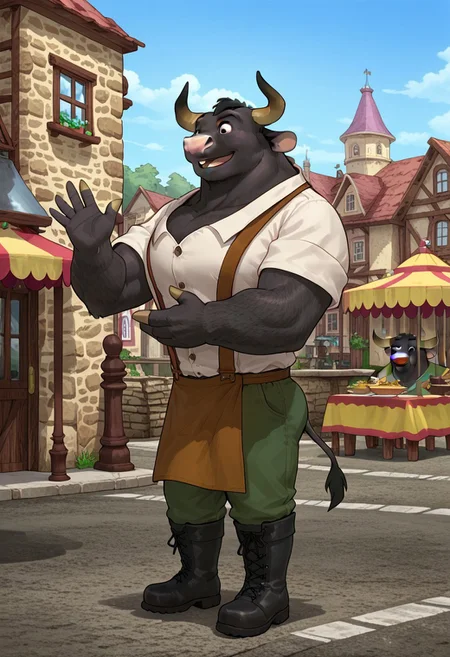 score_9, score_9_up,1boy, male, anthro, bull, big, black fur, horns, pink nose, white collared shirt, brown apron, green pants, black boots, standing, town background, day, greeting, hand waving, source_cartoon, Expressiveh