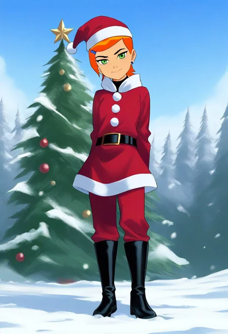 Score_9, score_8_up, masterpiece, best quality, high quality, Gwen_Tennyson, 1girl, solo, orange hair, short hair, green eyes, earrings, santa claus suit, blackbelt, santa claus hat, black boots, outdoors, snow, christmas tree, <lora:GwenTennyson_Ben10_illustrious_Leaf1-000019:1>, looking at viewer, fullbody,