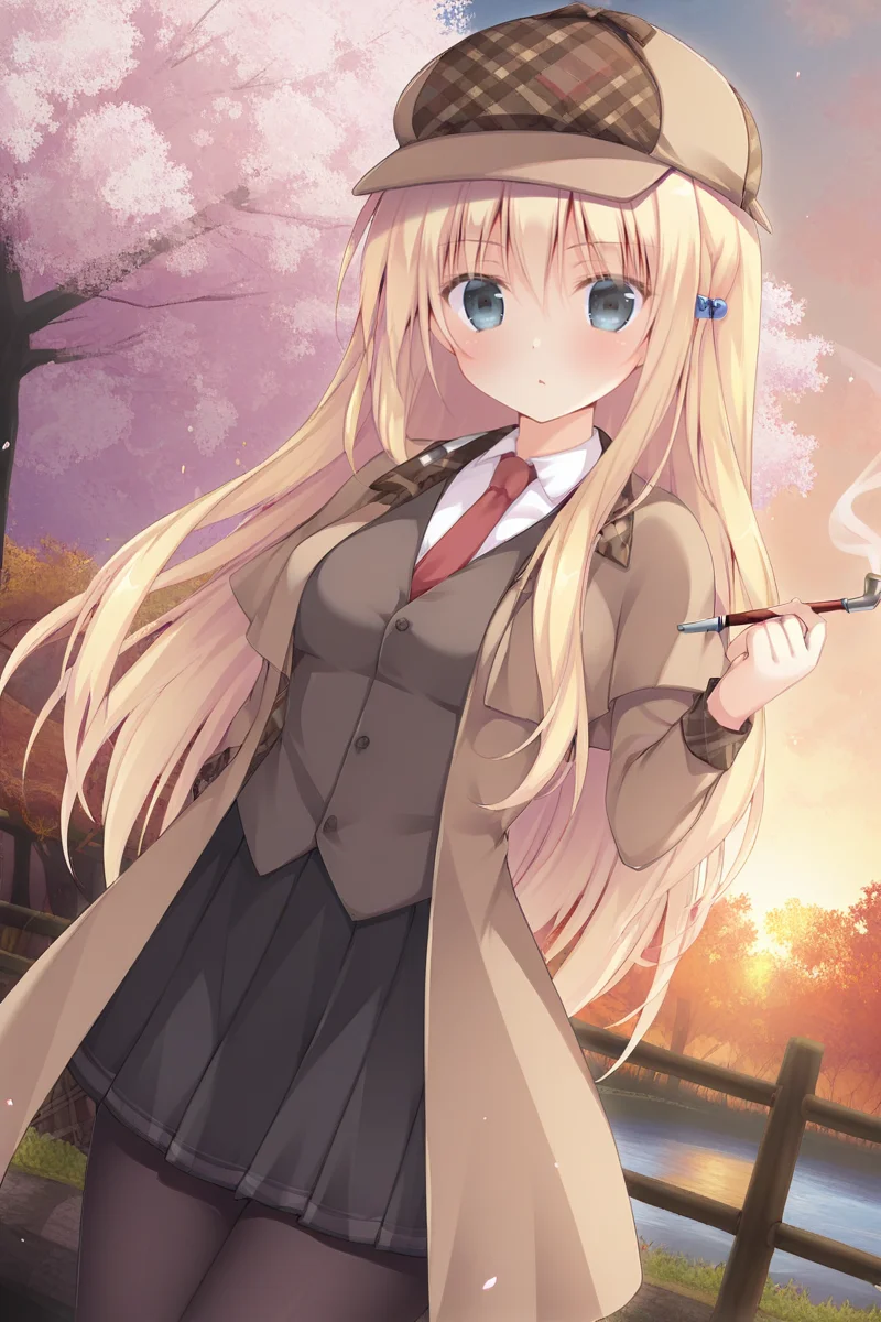 masterpiece,best quality,amazing quality,highres,scenery,newest,1girl,official style,kruger,blonde hair,hat,long hair,blue eyes,hair ornament,deerstalker,hair beads,kruger daily,pantyhose,skirt,black pantyhose,necktie,detective,red necktie,<lora:yingyun-kruger:1>,outside,handrail,river,(pipe),(smoking pipe),smoking,upper body,evening,from side,tree,sunset,looking at viewer,