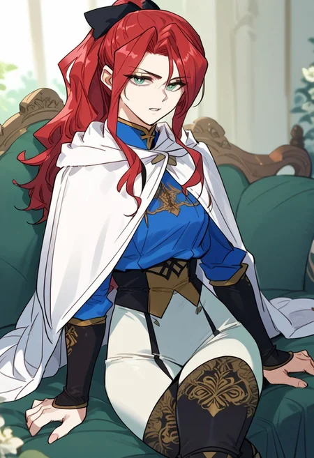 zPDXL3, score_9_up, score_8_up, score_7_up, (Anime_source), 1girl, AstinaLette, green eyes, red hair, long hair, Military uniform, ponytail, cape, pants, cowboy shot, looking at viewer, parted lips, sitting on couch, crossed leg