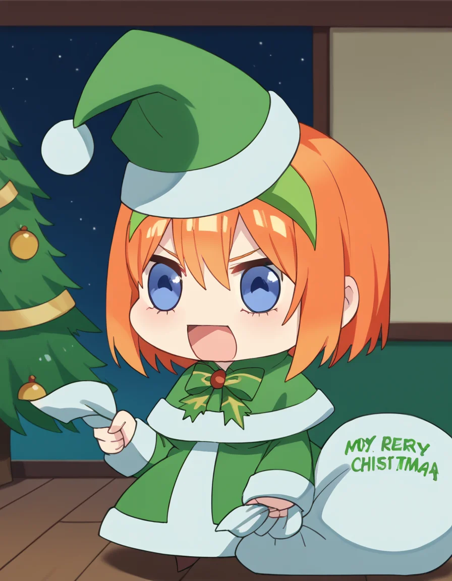 score_9, score_8_up, score_7_up, source_anime, <lora:yotsuba-nakano-s2-ponyxl-lora-nochekaiser:1>, yotsuba nakano, bangs, short hair, blue eyes, hair between eyes, hair ribbon, hairband, orange hair, green ribbon, large breasts,, <lora:padoru-ponyxl-lora-nochekaiser:1>, padoru, padoru (meme), holding sack, sack, santa hat, meme, christmas, open mouth, chibi, red capelet, santa dress, capelet, fur-trimmed headwear,, ,