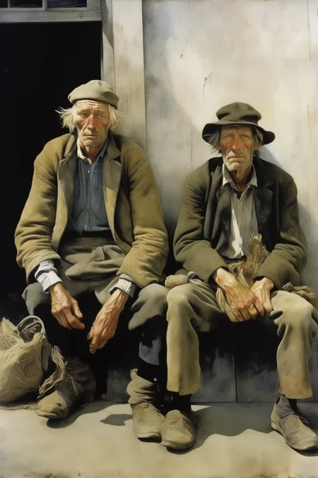 <lora:Andrew Wyeth Style:1>Andrew Wyeth Style - hobos in prada photographed