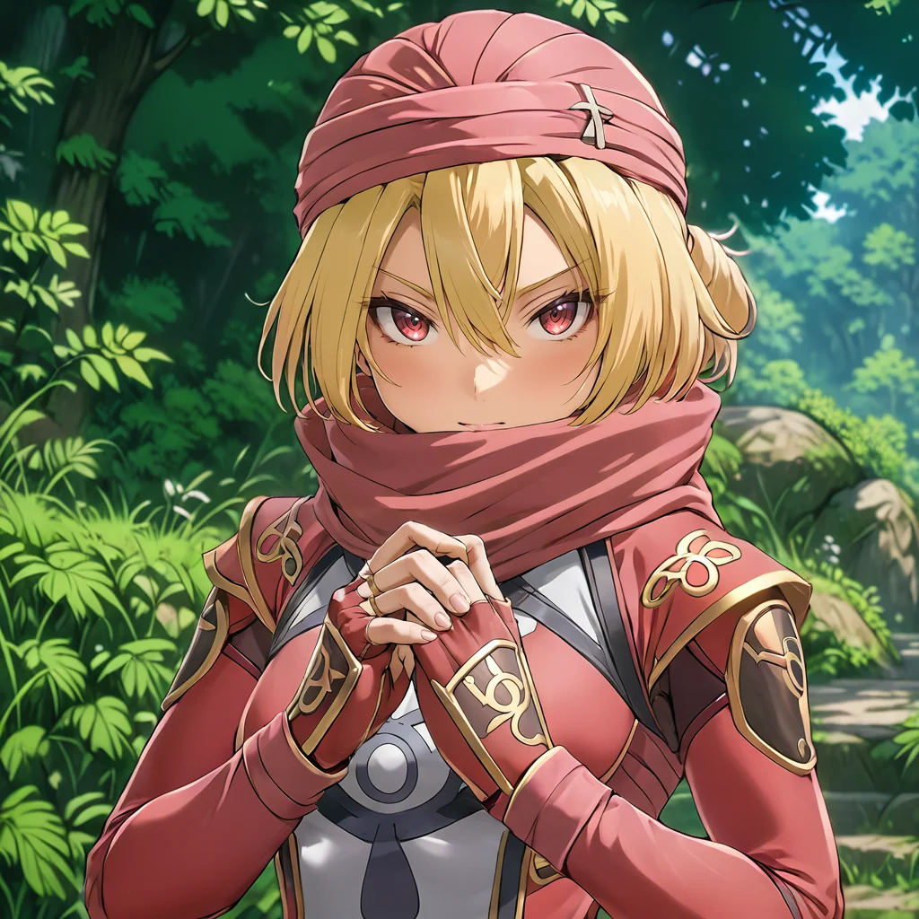 1girl, red outfit, <lora:SheikXL:.8>, soft hands, red eyes, blonde hair, (anime, masterpiece, intricate:1.3), (best quality, hires textures, high detail:1.2), (4k),(incredibly detailed:1.4),UHD, 8K, ultra detailed