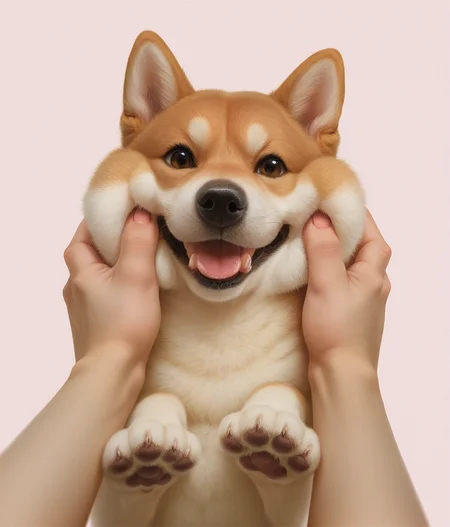 Score_9,score_8_up,score_7_up,solo,fang,dog_ears,fluffy,dog,cuteg,akita inu,animal_nose,dog paws,kogetail,animal,photorealistic,<lora:Role_Akita_inu:0.6>,<lora:Style_Expressive_H_v1:0.8>,pink background,pov_hands,outstretched arm,(cheek pinching),close-up,