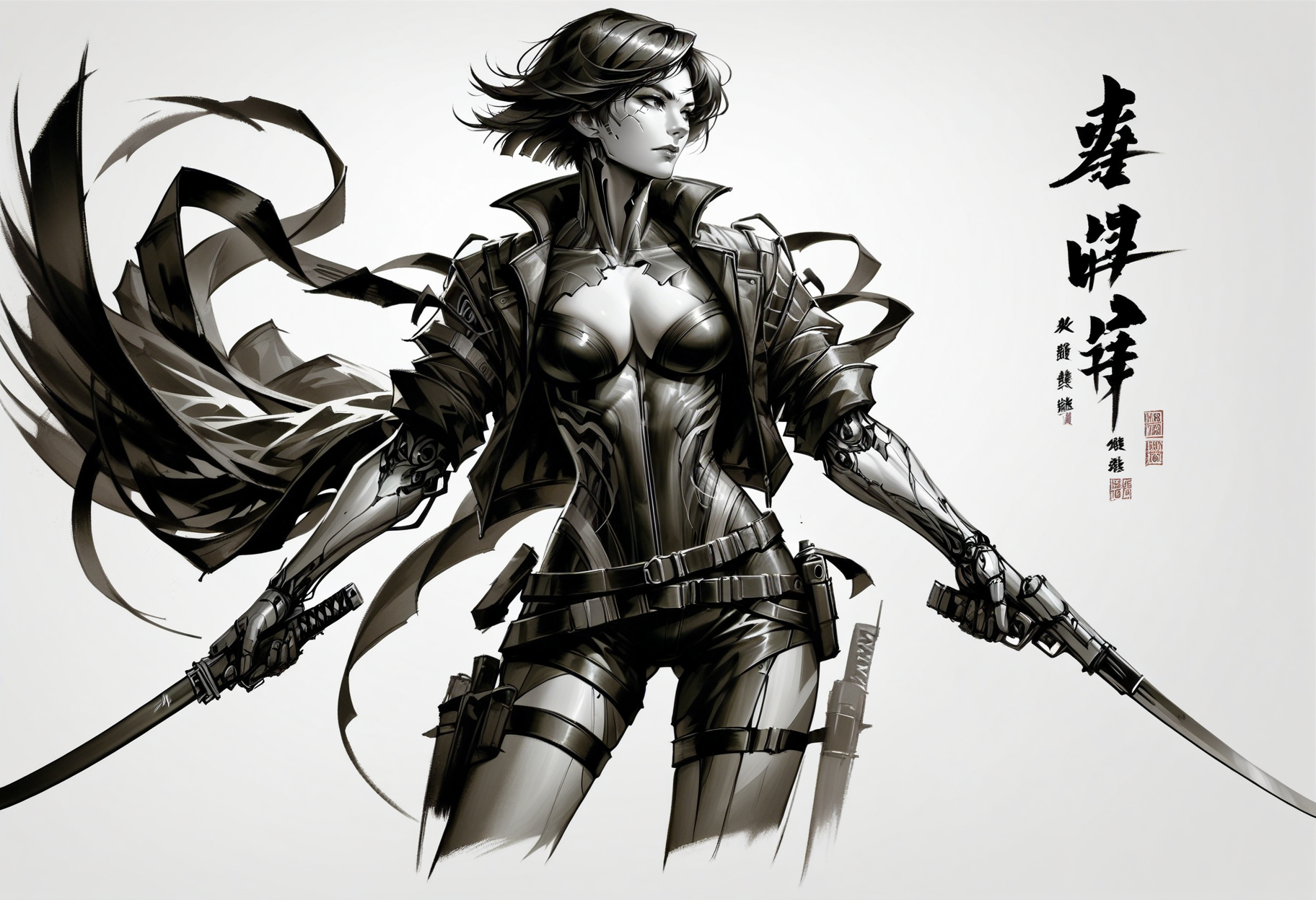 score_9, score_8_up, score_7_up, score_9, <lora:cllgrphy_pdxl_EliPot:1>,
monochrome, 1girl, holding gun, holding weapon, holding sword, medium breasts, chinese text, looking to the side, handgun, thigh holster, short hair, thigh gap, open jacket, belt, white background, cyborg, dual wielding, cowboy shot, mechanical arms, simple background, cleavage cutout, bodysuit, katana, floating hair, cropped legs, cyberpunk, nose, signature, closed mouth, lips, thigh strap, open clothes, standing, reverse grip, single mechanical arm, sheath