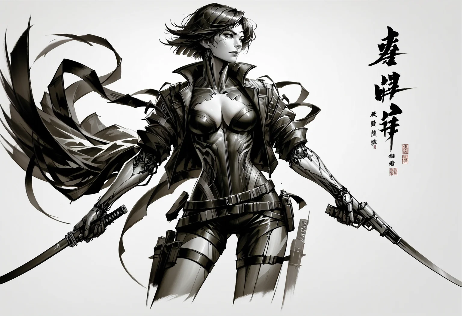score_9, score_8_up, score_7_up, score_9, <lora:cllgrphy_pdxl_EliPot:1>,
monochrome, 1girl, holding gun, holding weapon, holding sword, medium breasts, chinese text, looking to the side, handgun, thigh holster, short hair, thigh gap, open jacket, belt, white background, cyborg, dual wielding, cowboy shot, mechanical arms, simple background, cleavage cutout, bodysuit, katana, floating hair, cropped legs, cyberpunk, nose, signature, closed mouth, lips, thigh strap, open clothes, standing, reverse grip, single mechanical arm, sheath