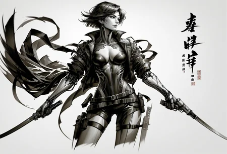 score_9, score_8_up, score_7_up, score_9, <lora:cllgrphy_pdxl_EliPot:1>,
monochrome, 1girl, holding gun, holding weapon, holding sword, medium breasts, chinese text, looking to the side, handgun, thigh holster, short hair, thigh gap, open jacket, belt, white background, cyborg, dual wielding, cowboy shot, mechanical arms, simple background, cleavage cutout, bodysuit, katana, floating hair, cropped legs, cyberpunk, nose, signature, closed mouth, lips, thigh strap, open clothes, standing, reverse grip, single mechanical arm, sheath