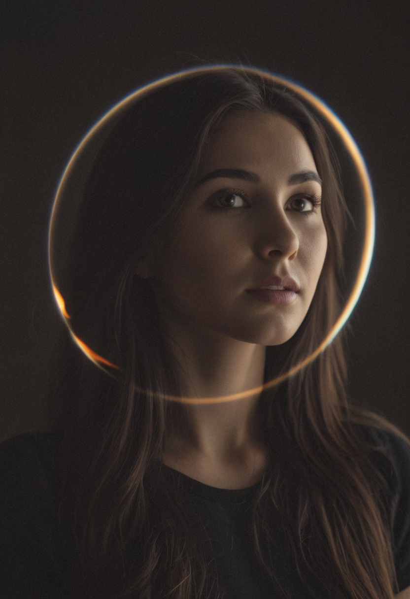 cinematic film still <lora:R0k00bstr0ctHD:1>,r0k00bstr0cthd,r0k00bl0ckb0ckgr00ndhd,(shiny, fire, multicolored, black background, glowing, magic circle, aura),, (Height, About 5 feet 4 inches, slightly below average:1), (Build, Slim but not overly athletic, with a somewhat fragile and clumsy demeanor:1), (Hair, Long, thick, and dark brown hair, often described as straight with a slight wave:1), (Eyes, Large, chocolate brown eyes that are expressive and soulful, often showing her deep emotions:1), (Skin, Fair, pale complexion that contrasts with her dark hair and eyes:1), . shallow depth of field, vignette, highly detailed, high budget, bokeh, cinemascope, moody, epic, gorgeous, film grain, grainy