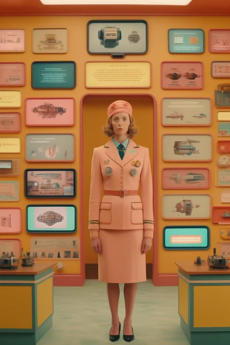 <lora:Director Wes Anderson style:1>Director Wes Anderson style -  cinematic photo wide shot of a woman presenting a slide deck about the future of AI, The scene is framed in 's signature style, with the use of symmetry, flat lighting, and a precise color palette.