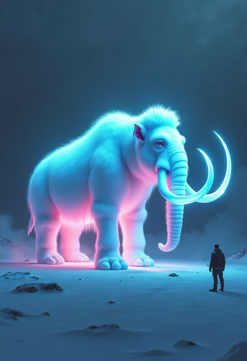 A vast, snowy landscape under a dark sky. Dominating the scene is a massive, ethereal mammoth-creature with a luminescent, neon-blue body and a long, slender, glowing horn. The creature's fur appears soft and fluffy, with hues of pink and blue. On the right side of the image, a lone human figure stands, seemingly observing the creature, dwarfed by its sheer size. The entire scene exudes a sense of mystery and awe.