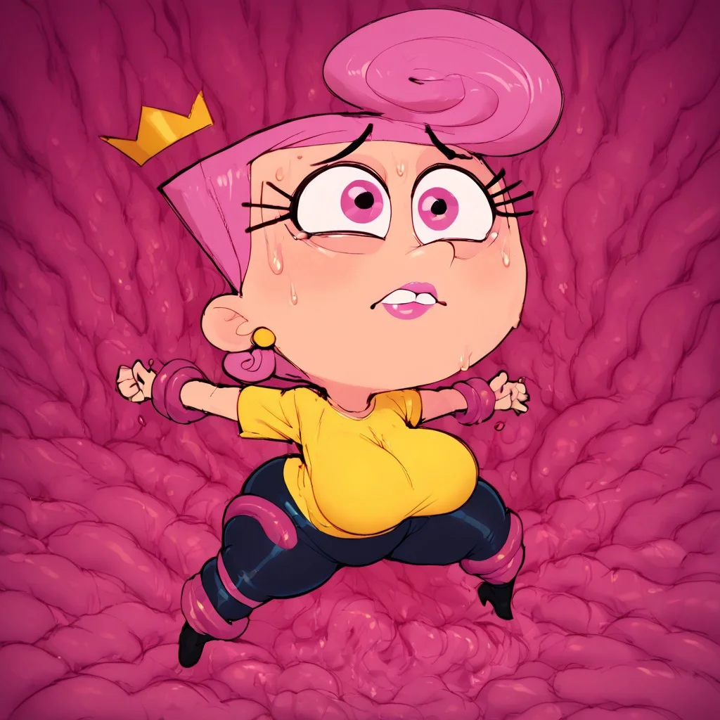 Expressiveh,score_9, score_8_up, score_7_up, score_6_up, score_5_up, score_4_up,(shortstack),1girl, wandafp, pink hair, earrings, yellow shirt, black pants, pink eyes, pink lipstick, cleavage,, big breasts, wide hips, thick thighs,Dop Style,
tentacle pit, flesh and tentacles background, restrained by tentacles,