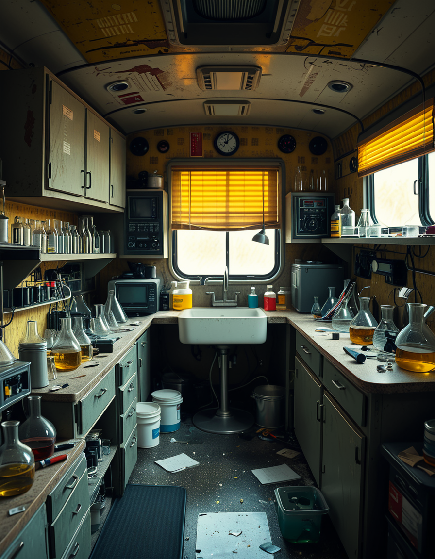 The interior of an old RV converted into a clandestine drug laboratory, inspired by the TV series Breaking Bad. The space is cramped and messy, filled with scientific equipment, glass beakers, flasks, burners, chemical containers, and lab tools scattered around. The walls are aged and stained, with peeling wallpaper and old metallic cabinets. A small sink area is cluttered with dirty lab glassware. The lighting is dim and tinted yellow, with sunlight barely filtering through dusty blinds. The floor is grimy, with a mix of rubber mats and worn carpet. The overall atmosphere is tense and gritty, capturing a sense of secrecy and danger. Hyper-realistic style, cinematic composition, rich in textures and shadows.
<lora:SDXLFaeTastic2400:0.4> <lora:extremely_detailed:0.4> extremely detailed,<lora:old_RV_drug_l4b0r4t0ry:1>,old RV drug l4b0r4t0ry, Masterpiece,best quality,hi res,8k,hi res,8k,award winning,(sharp focus, intricate, highly detailed),