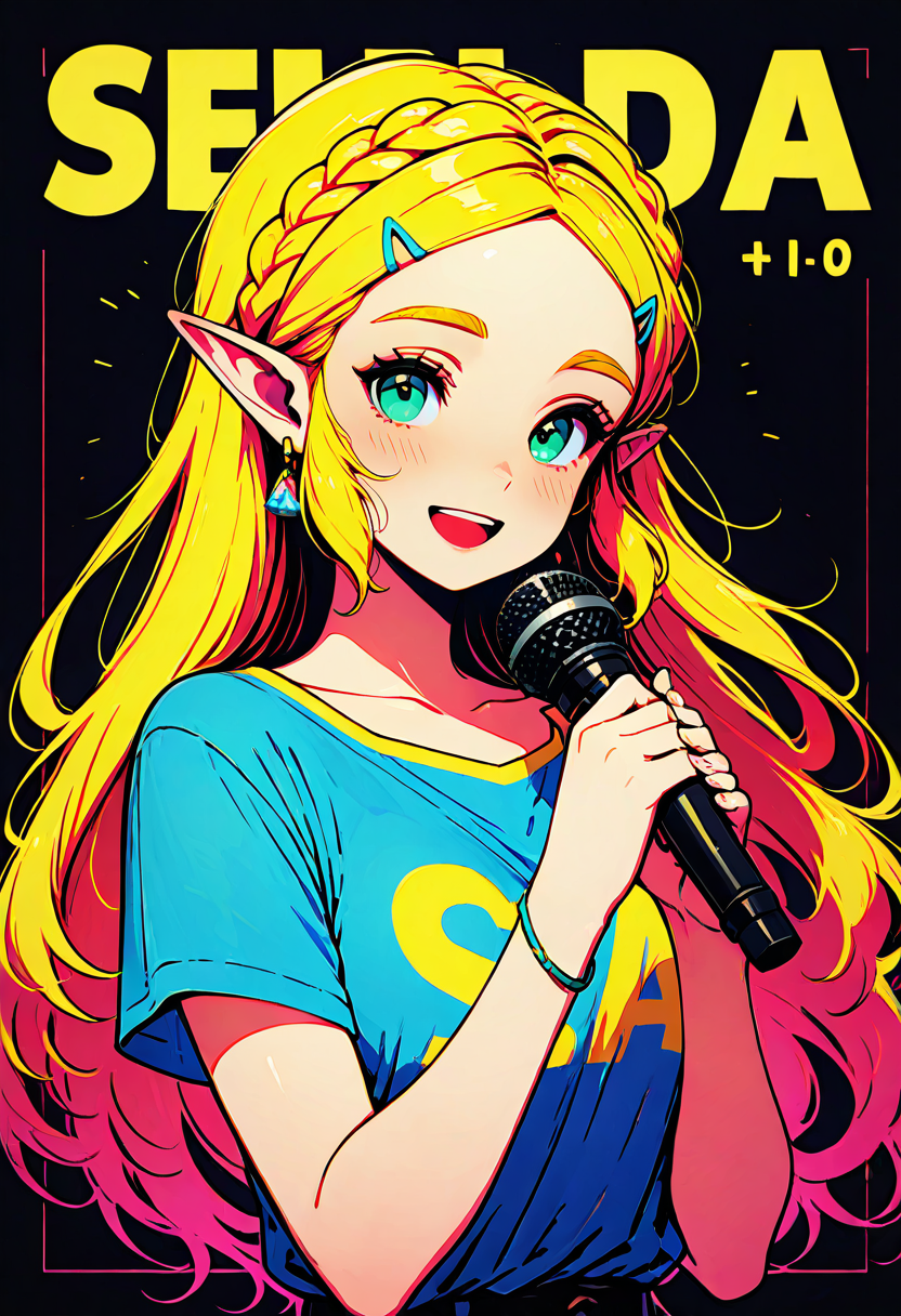 masterpiece, best quality, 1girl, solo, eyelashes, (beautiful eyes),   princess zelda, long hair, crown braid, hairclip, pointy ears, blue shirt, smile, looking at viewer, blush, open mouth, , shirt, holding, jewelry, upper body, short sleeves, earrings, striped, bracelet, , microphone, holding microphone, text, text in background, border   ,<lora:80sPopStyle_IXL_v1:1.0>,