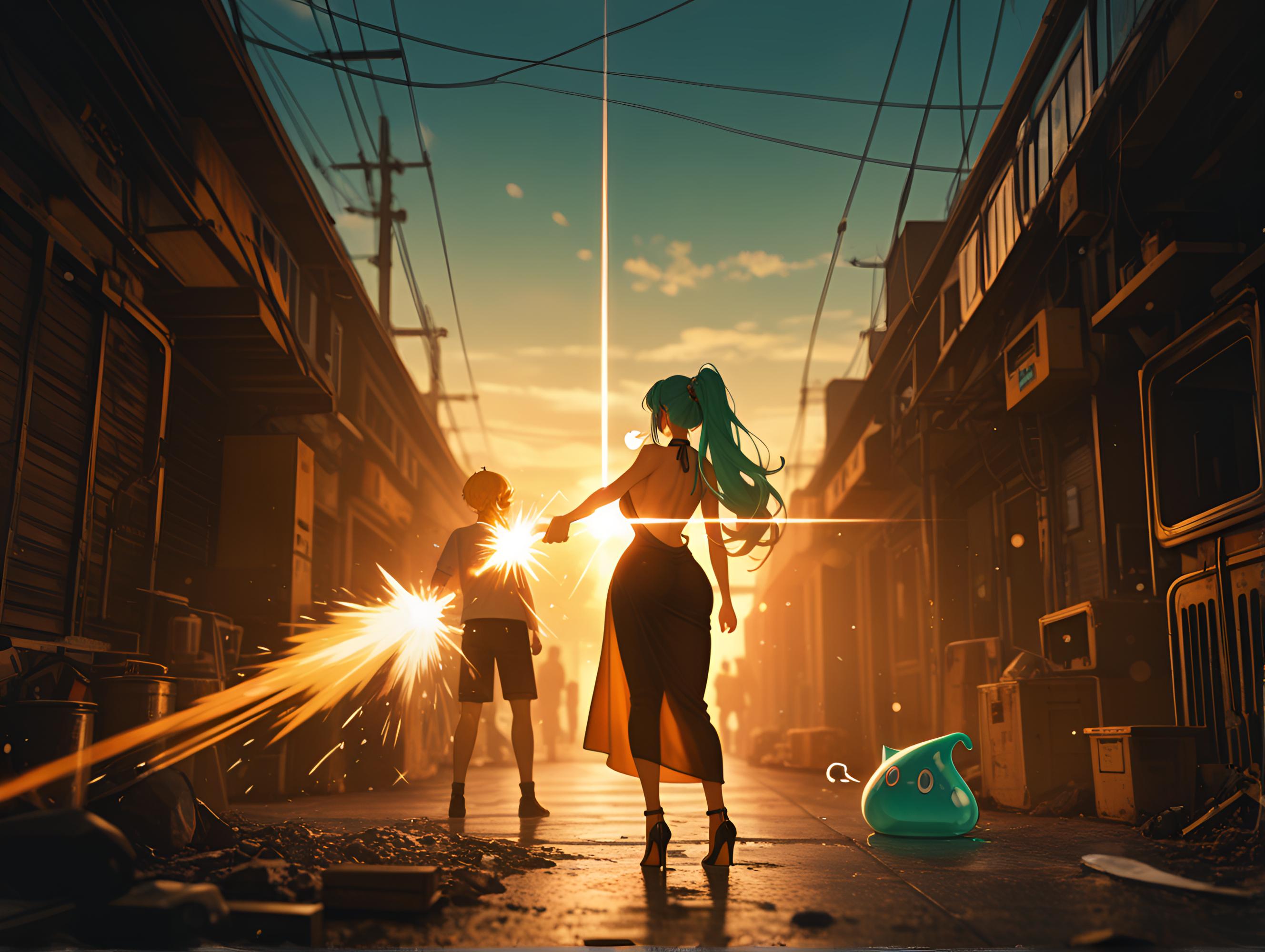 Bright aquamarine hair, best quality, very long hair, vhs tape aesthetic, Mudroom cubby storage units., fangs, Anya Forger (Spy x Family), RTX, absolutely eye-catching, bokeh, huge breasts, slime_(creature), depth of field, motion_lines:1.1, sunset, Left-to-right manga, sigh, 8K, nail_polish, 2boys, amazing quality, long_nails, heels, Loose maxi dress with a halter neck and an open back that slips off smoothly., ultra-detailed, Cyborg Warrior, blurry foreground, dark skin, masterpiece, anime character, 1girl, motion_blur:1.1, ambient occlusion, firing_weapon, Neon Yellow Theme, ponytail, in the style of ck-prm, absurdres, very aesthetic, newest