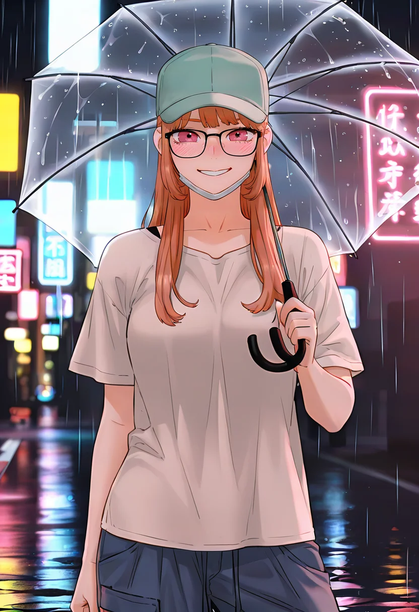 masterpiece, best quality, intricate details, anime screencap, official style, depth of field,
dark, night,
outdoors, street, raining, neon lights,
blush,
looking at viewer, smile,
BREAK.
standing, contrapposto, cowboy shot, straight-on, facing viewer, portrait, holding umbrella,
BREAK.
aqua headwear, baseball cap, black-framed eyewear, rectangular eyewear, glasses, big glasses,
white surgical mask, mouth mask, unworn mask,
white shirt, short sleeves, oversized clothes, oversized shirt, oversized pants, blue cargo pants, BREAK
leedahe, 1girl, solo, aegyo sal, pink eyes, orange hair, bangs, sidelocks, medium breasts, BREAK.
<lora:Mobydick(Webtoon)_All-In-One_ILXL_v1:1>