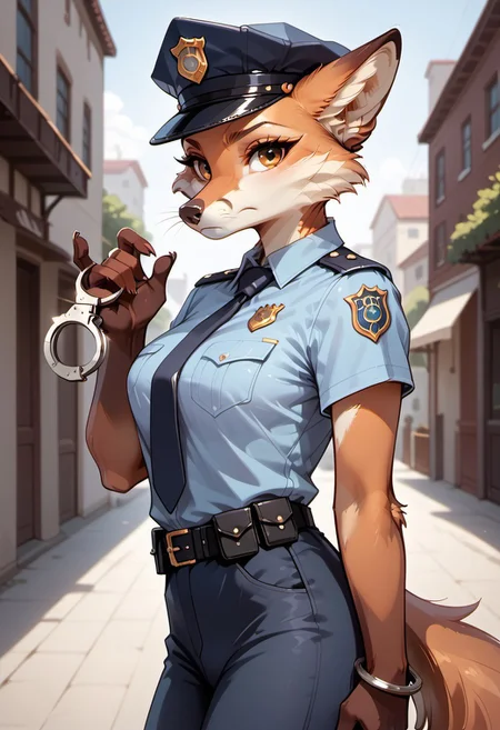 score_9, score_8_up, score_7_up, highres, high quality, perfection, masterpiece, #
###
1girl, (solo: 2.0), side view, cowboy shot,#
###
Lyssa, fox girl, (anthro fox girl: 1.2), police uniform, police officer hat,
###
standing, looking at viewer, frown, holding handcuffs, #
###
outdoors, day, city exterior,