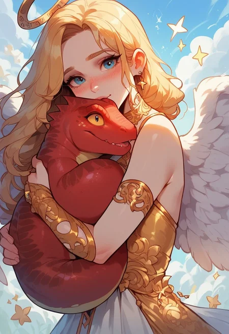 score_9, score_8_up, score_7_up, score_6_up, p3tl0v3, 1girl, solo, angel, angel wing, pale skin, ornate clothing, golden clothing, hugging a tiny red lizard, cute