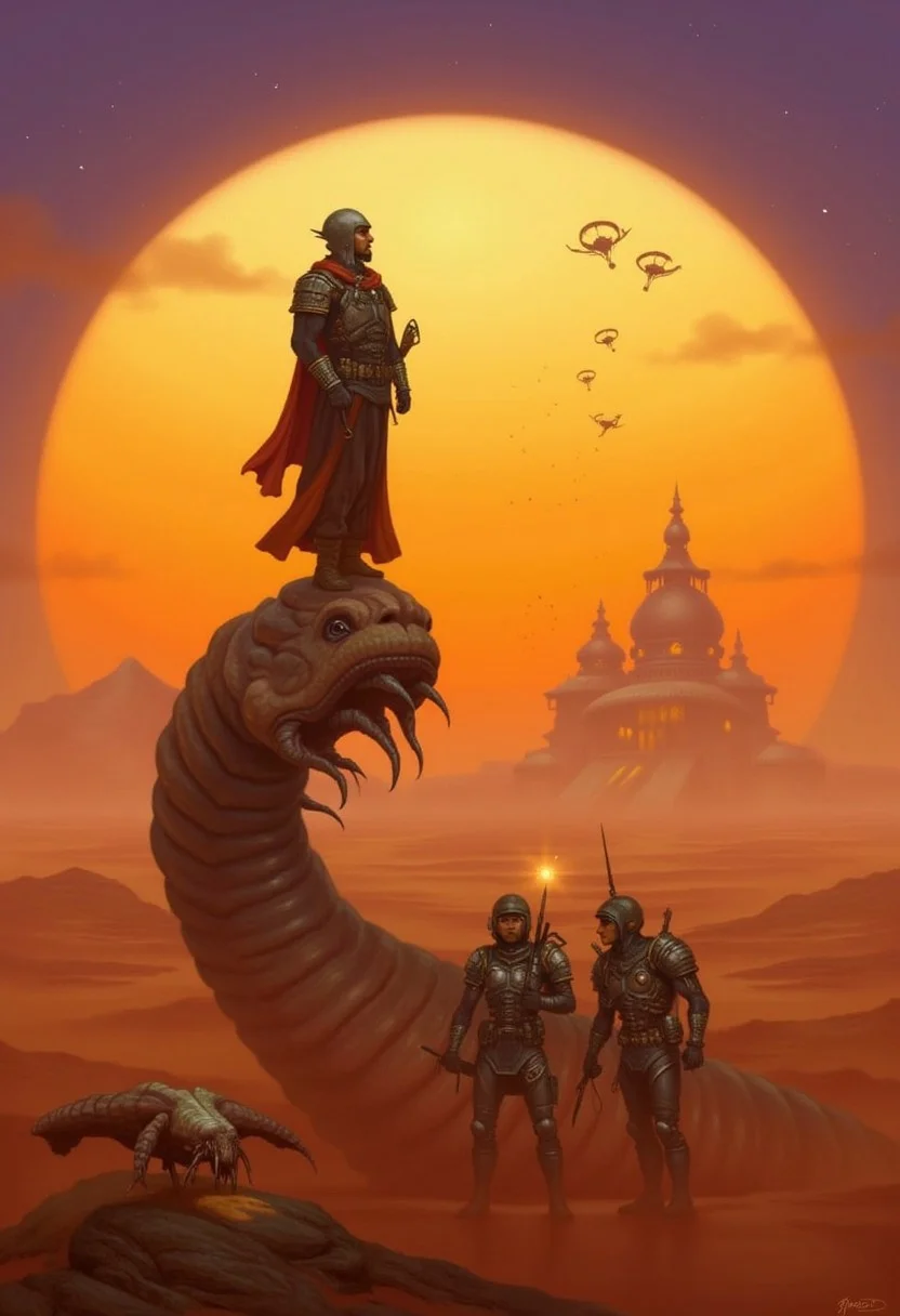 Art by Patrick Jones. A digital illustration shoot from a profile camera angle about a futuristic scene. A majestic stillsuit-clad figure, Paul Atreides, stands atop a towering sandworm's vertebrae, gazing out upon the endless dunes of Arrakis. The setting sun casts a warm orange glow, as the Fremen warrior's eyes burn with determination. In the distance, the ornithopter fleet glides across the horizon, while the towering Sardaukar soldiers stand watchfully below. A lone Gom Jabbar stingray glints in the fading light. the overall style is reminiscent of sci-fi and fantasy art, with a focus on the intricate details of the characters and the glowing light.