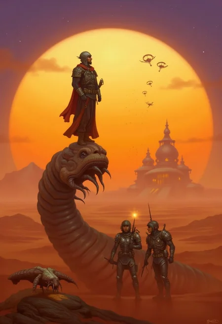 Art by Patrick Jones. A digital illustration shoot from a profile camera angle about a futuristic scene. A majestic stillsuit-clad figure, Paul Atreides, stands atop a towering sandworm's vertebrae, gazing out upon the endless dunes of Arrakis. The setting sun casts a warm orange glow, as the Fremen warrior's eyes burn with determination. In the distance, the ornithopter fleet glides across the horizon, while the towering Sardaukar soldiers stand watchfully below. A lone Gom Jabbar stingray glints in the fading light. the overall style is reminiscent of sci-fi and fantasy art, with a focus on the intricate details of the characters and the glowing light.