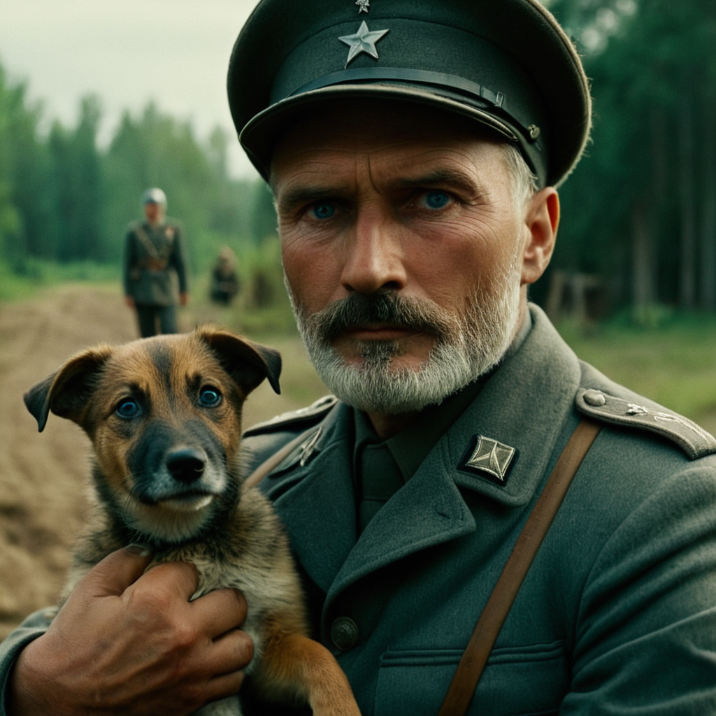cinematic film still of  <lora:Come and See style v2:1>
In 1943, in a small Belarusian village an old german ww2 man in a military uniform holding a small animal,looking at viewer,blue eyes,1boy,hat,closed mouth,male focus,solo focus,blurry,uniform,military,military uniform,blurry background,facial hair,animal,helmet,ground vehicle,motor vehicle,dog,military hat,realistic,mustache,garrison cap,old,old man,grey headwear,world war ii,soldier,soviet , action, horror, war, movie themed, sharp, detailed, epic cinematic photography, artistic, creative, dramatic light, cinematic color style, Kodak film style, 8k resolution, Come and See style, shallow depth of field, vignette, highly detailed, high budget, bokeh, cinemascope, moody, epic, gorgeous, film grain, grainy