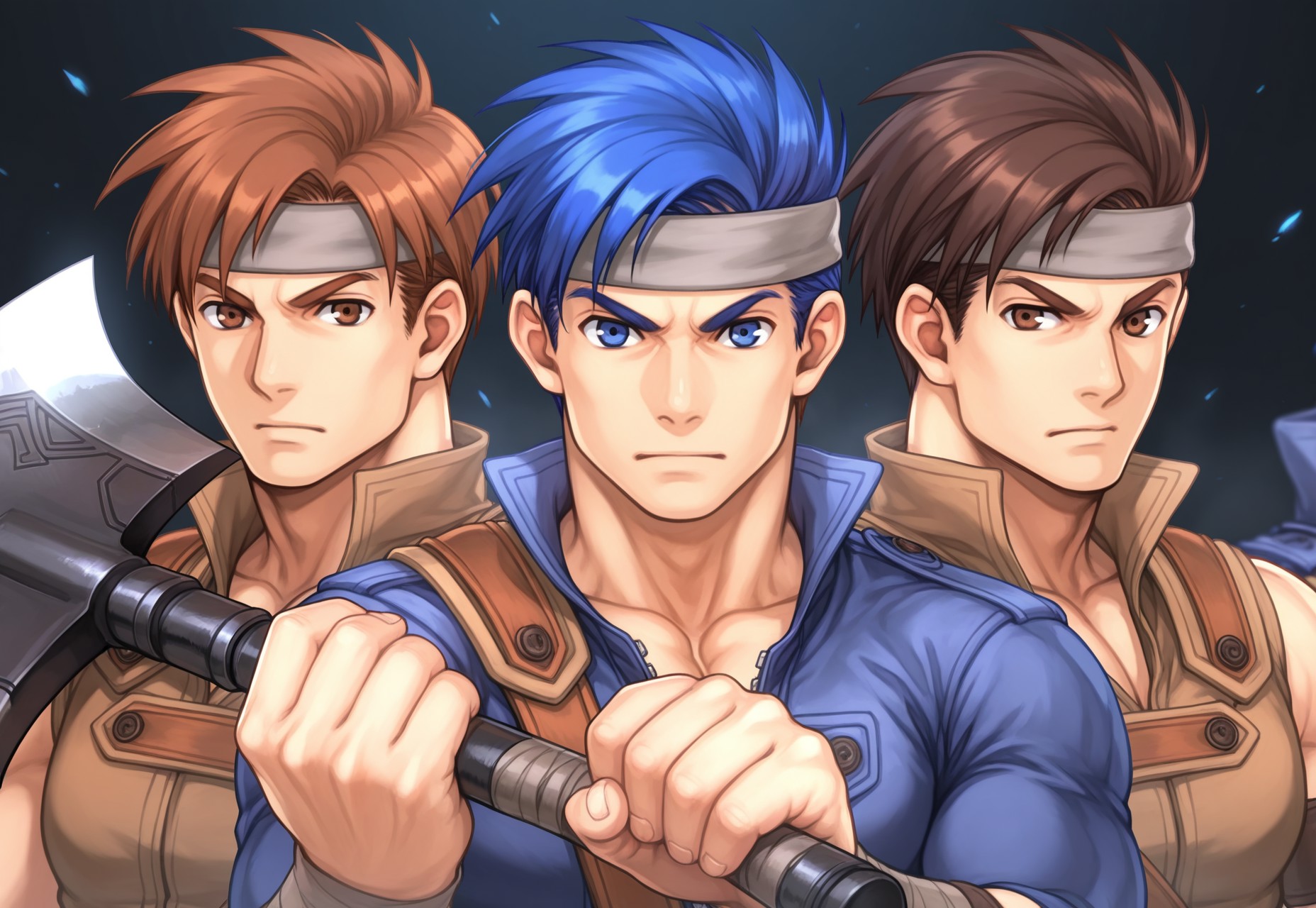 3boys, upper body, barst, blue hair, blue eyes, grey headband, muscular male, blue jacket, holding axe, clone, portrait, BREAK, (brown jacket:1.1), brown eyes, brown hair, masterpiece, best quality, amazing quality,