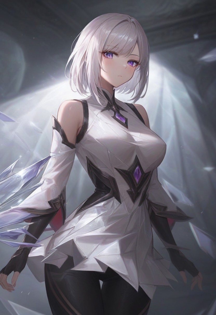 1girl, shiny_skin, score_9, score_8, score_7, BREAK source_anime, straight hair, good colors, best body, thigh, good legs, detailed bangs, eyeliner, black eyeliner, perfect body, perfect eyes, 1girl, blush, BREAK score_9, score_8_up, score_7_up, score_6_up, source_anime, girl focus, background, perfect arms, standing, closeup, portrait, dynamic poses, solo, breasts, looking at viewer, bangs, white hair, bare shoulders, medium breasts, purple eyes, dress, headshot, detailed dress, shoulder-length_hair, black pants, white sleeves, detached sleeves, black fingerless gloves, best lineart, black pants, background, effects, medium hair (shoulder length), detailed face, detailed eyes, Jinkhok, expressionless, pants, glass dress, white dress, sharp glass,