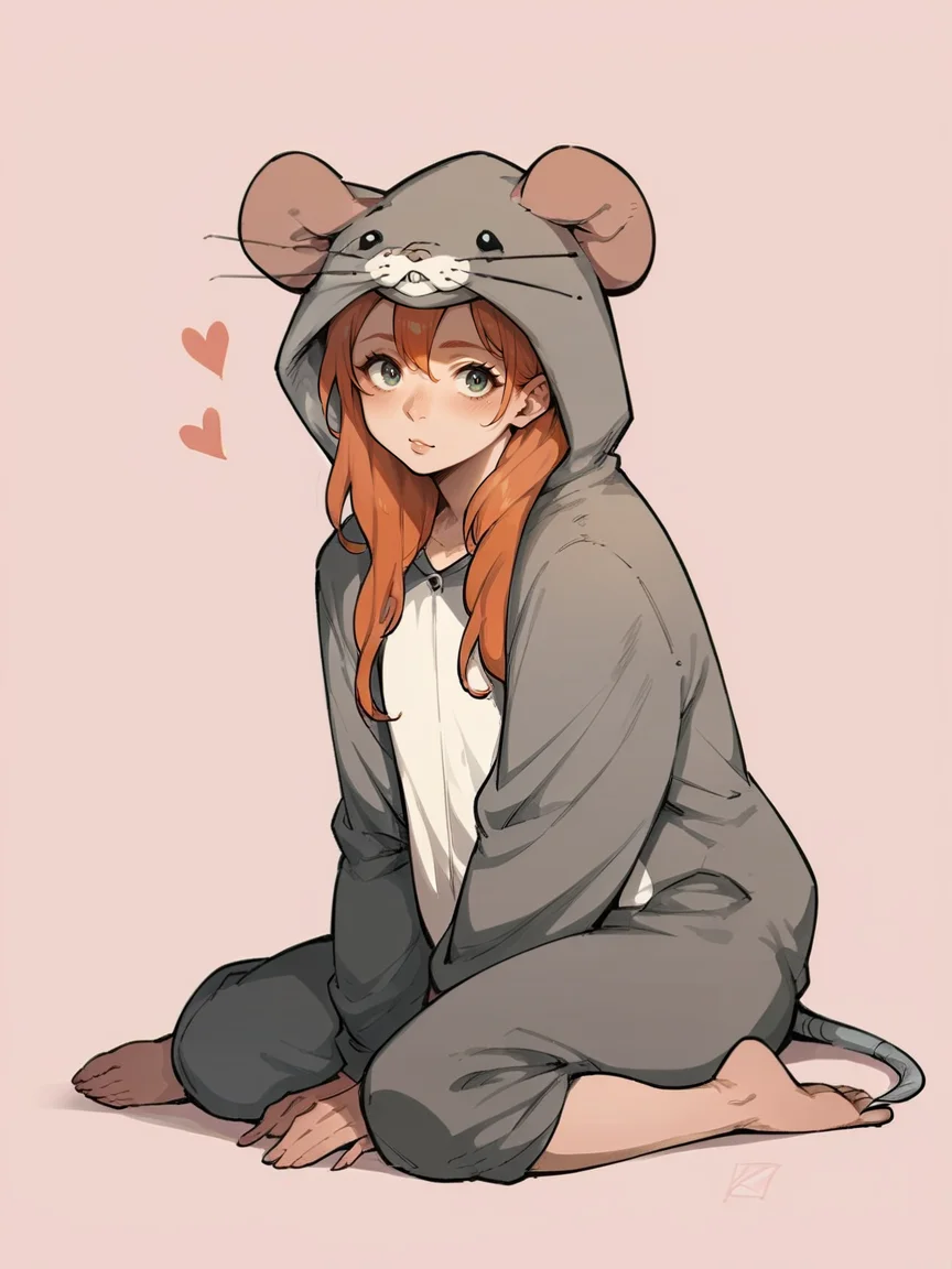 score_9, score_8_up, score_7_up, score_6_up, score_5_up, <lora:ratonsieXLP3:1> rat onsie, barefoot, animal costume, tail, 1girl, ginger hair, sitting, heart, pink background,
