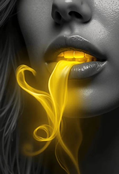 A close-up photograph of a woman's lips in monochrome, except for her lips, which are a vibrant, glowing yellow. Soft, ethereal yellow smoke-like waves emanate from her lips, flowing gently into the surrounding air. The rest of the image remains in black and white, creating a stark contrast with the vivid yellow glow, emphasizing the surreal and dreamlike quality of the scene