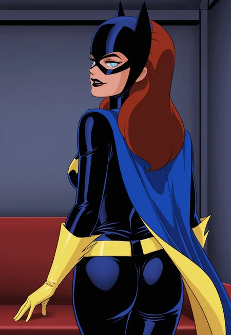 (((retro artstyle, 1980s (style), parody)), perfect anatomy, perfect eyes, cowboy shot, from behind) BREAK barbara gordon, blue eyes, no pupils, long hair, red hair, lipstick, black lips, sultry eyes, naughty face, ((looking back at viewer)), mask, superhero, bodysuit, cape, gloves, belt, model pose, indoors