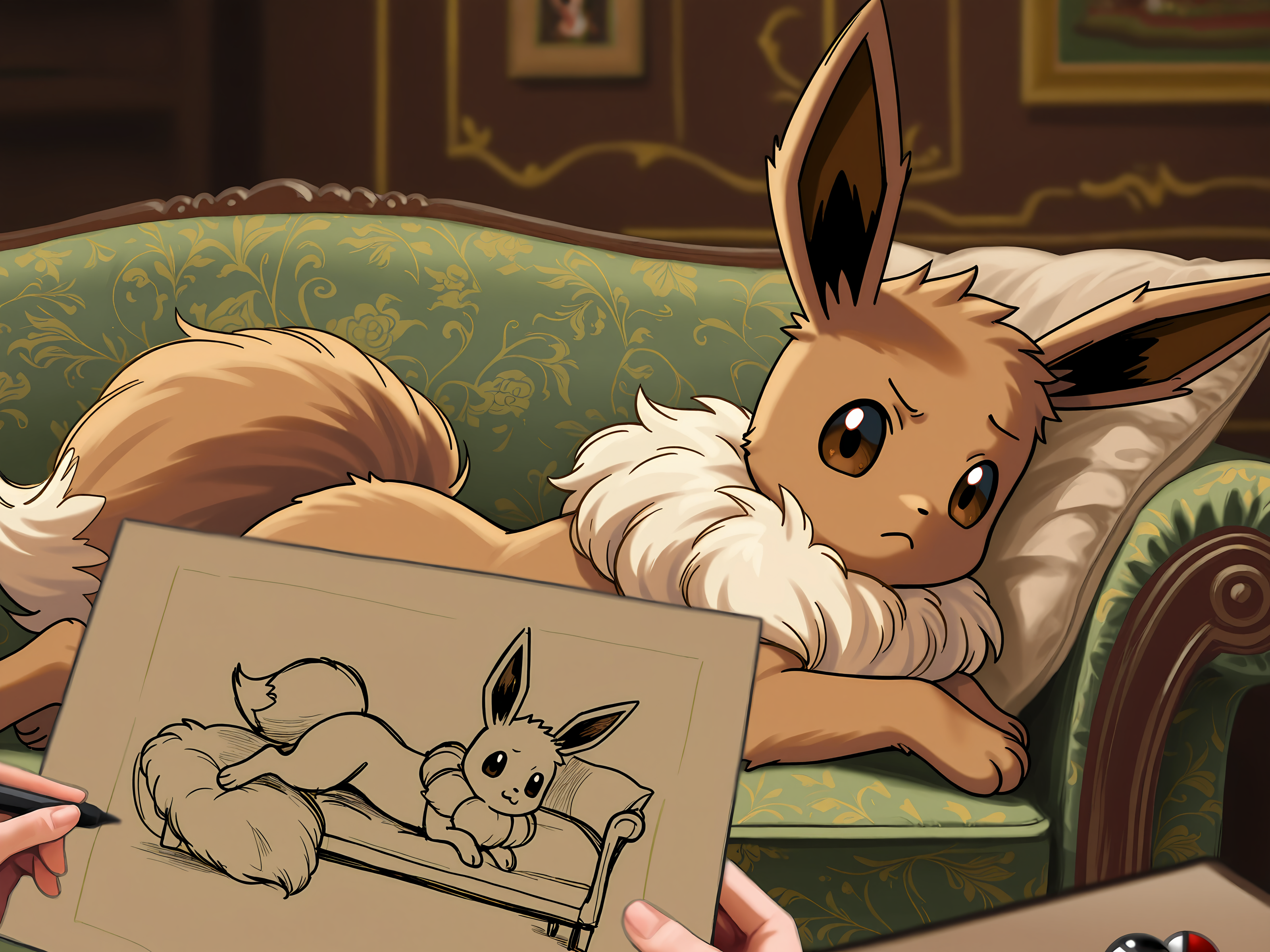 (animal:1.2), (pokemon:1.2), eevee, (puppy pose:1.2), cute, confused, frown, one brow up, , draw me like one of your french girls, couch, looking at viewer, on couch, photo (object), sketch, drawing, (pencil:1.2), absurdres, masterpiece, best quality, amazing quality, very aesthetic, high resolution, ultra-detailed, newest, scenery, BREAK, detailed background, detailed hair, depth of field, (detailed fluffy fur:1.35), photorealistic details, volumetric lighting,