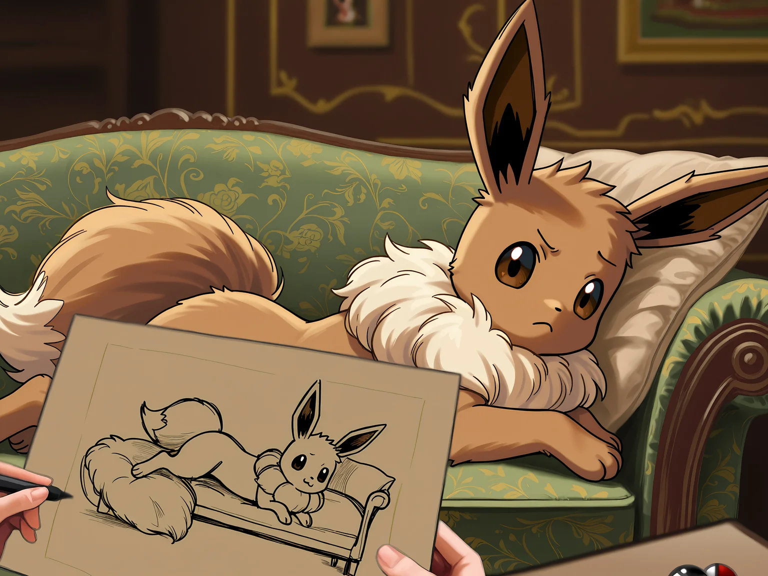 (animal:1.2), (pokemon:1.2), eevee, (puppy pose:1.2), cute, confused, frown, one brow up, , draw me like one of your french girls, couch, looking at viewer, on couch, photo (object), sketch, drawing, (pencil:1.2), absurdres, masterpiece, best quality, amazing quality, very aesthetic, high resolution, ultra-detailed, newest, scenery, BREAK, detailed background, detailed hair, depth of field, (detailed fluffy fur:1.35), photorealistic details, volumetric lighting,