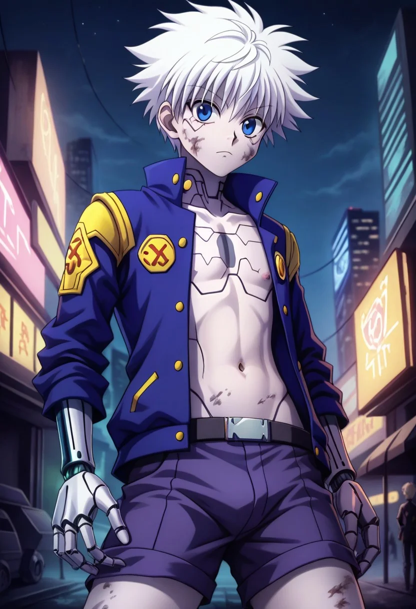 score_9, score_8_up, 1boy, solo, male focus, killua_zoldyck, killua zoldyck /(hunter x hunter/), killua zoldyck, hunter x hunter, hxh, white hair, blue eyes, short hair, shorts, (slim), android, (cyborg), metal limb, chest plate, prosthetic, metallic, rust, (cyberpunk), blade runner, cowboy shot, bare legs, jacket, open jacket, open clothes, navel, science fiction, dirty, rating_explicit, from below, looking at viewer, masterpiece, best quality, very aesthetic, handsome, cute, outdoors, city, neon lights, night, dusk,
