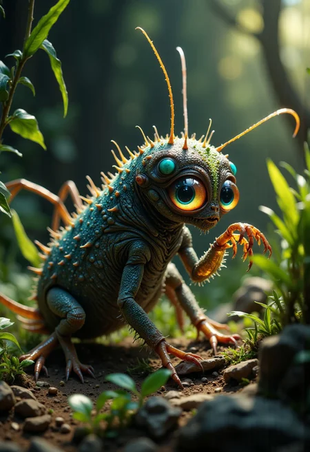 Envision a bizarre and whimsical monster, an uncanny blend of a cat and a praying mantis. Its body combines the sleek, agile form of a cat with the segmented, chitinous texture of a mantis, featuring six limbs. The two front limbs assume the typical praying posture of a mantis. Adorned with bioluminescent spots that cast an eerie glow, it presents an enchanting yet unsettling appearance. It possesses sleek, cat-like limbs that enable unexpectedly agile movements and large, luminous eyes filled with curiosity. This extraordinary creature roams an environment filled with dense, lush foliage, where tall grasses and wildflowers sway gently in the breeze. The vibrant greens and rich earth tones of this habitat provide both camouflage and a stage for this creature’s intriguing displays, embodying the strange beauty of undiscovered biodiversity with its intriguingly alien appearance.