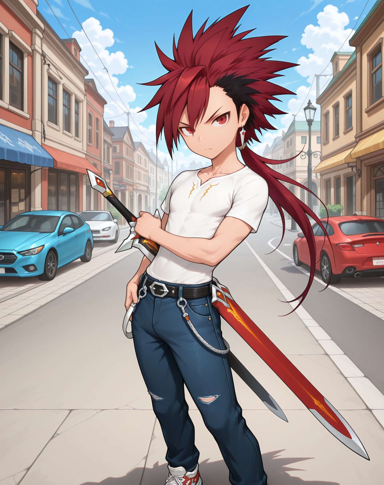 masterpiece,best quality,amazing quality, newest, very aesthetic, absurdres,
1boy, solo, yaoi, male focus, looking at viewer, cowboy shot, standing,
<lora:Elsword_Infinity_Sword_ilxl:1>  elswordis, red hair, red eyes, sword, spiked hair, two-tone hair, ponytail, long hair, black hair, multicolored hair,
white shirt, jeans, sneakers,
outdoors, day, blue sky, building, street, road, lamppost, car,